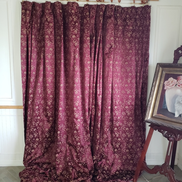 Custom Drapes 150 x 98 2 Panel Maroon Gold Floral Jacquard Room Darken Rod Pkt - Picture 8 of 9